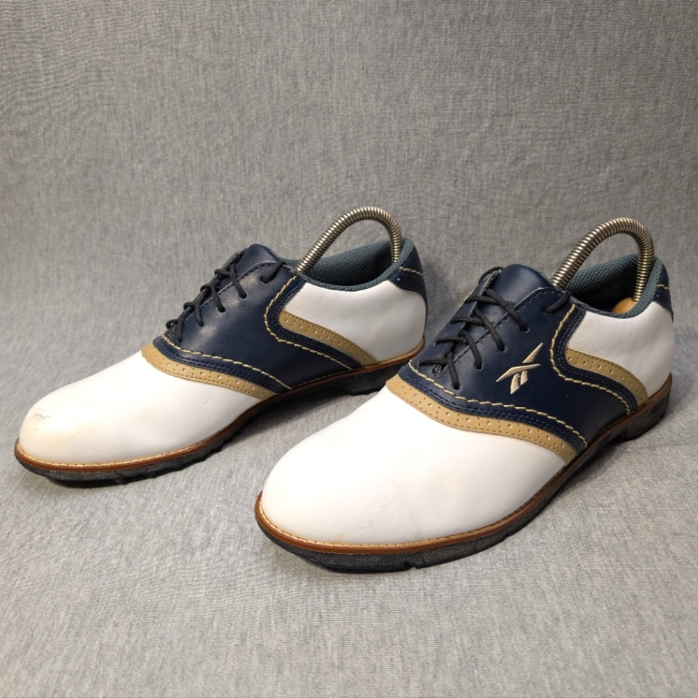 Reebok Golf Spikeless Shoes Women's 9 White Blue Tan Lace Up Oxford